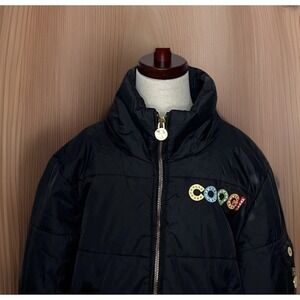 COOGI Black Puffer Bomber Jacket Coat Women's M Colorful Gold Accents Flaw